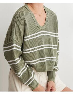 Aerie Striped Oversized Boxy Chunky Knit Pullover Slouchy Sweater Green Small